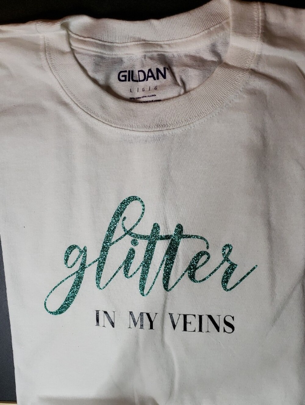 Gildan White Tee with Teal Glitter Script "Glitter In My Veins" - Picture 3 of 3